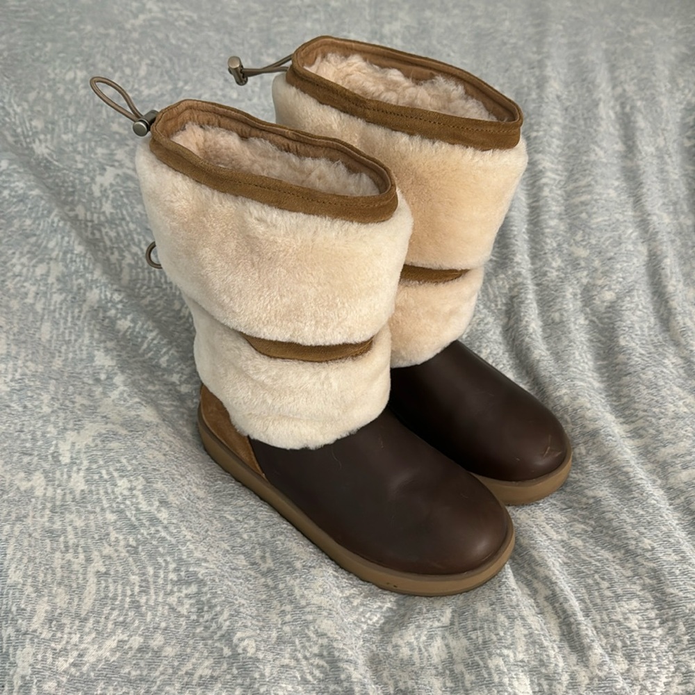 UGG Brown Leather and Cream Shearling Tall Winter Boots
